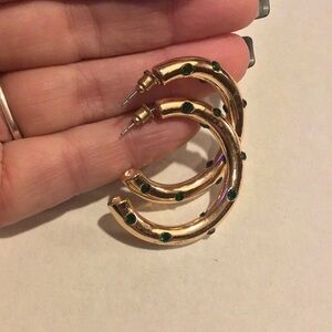 Green Gem Encrusted Elegant Gold Hoop Earrings